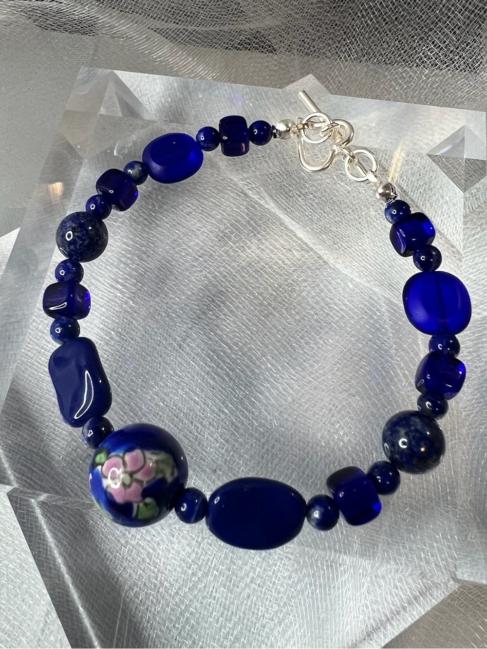 Artisan Hand Painted Cobalt Blue Czech Glass Bead Bracelet (FL1103)
